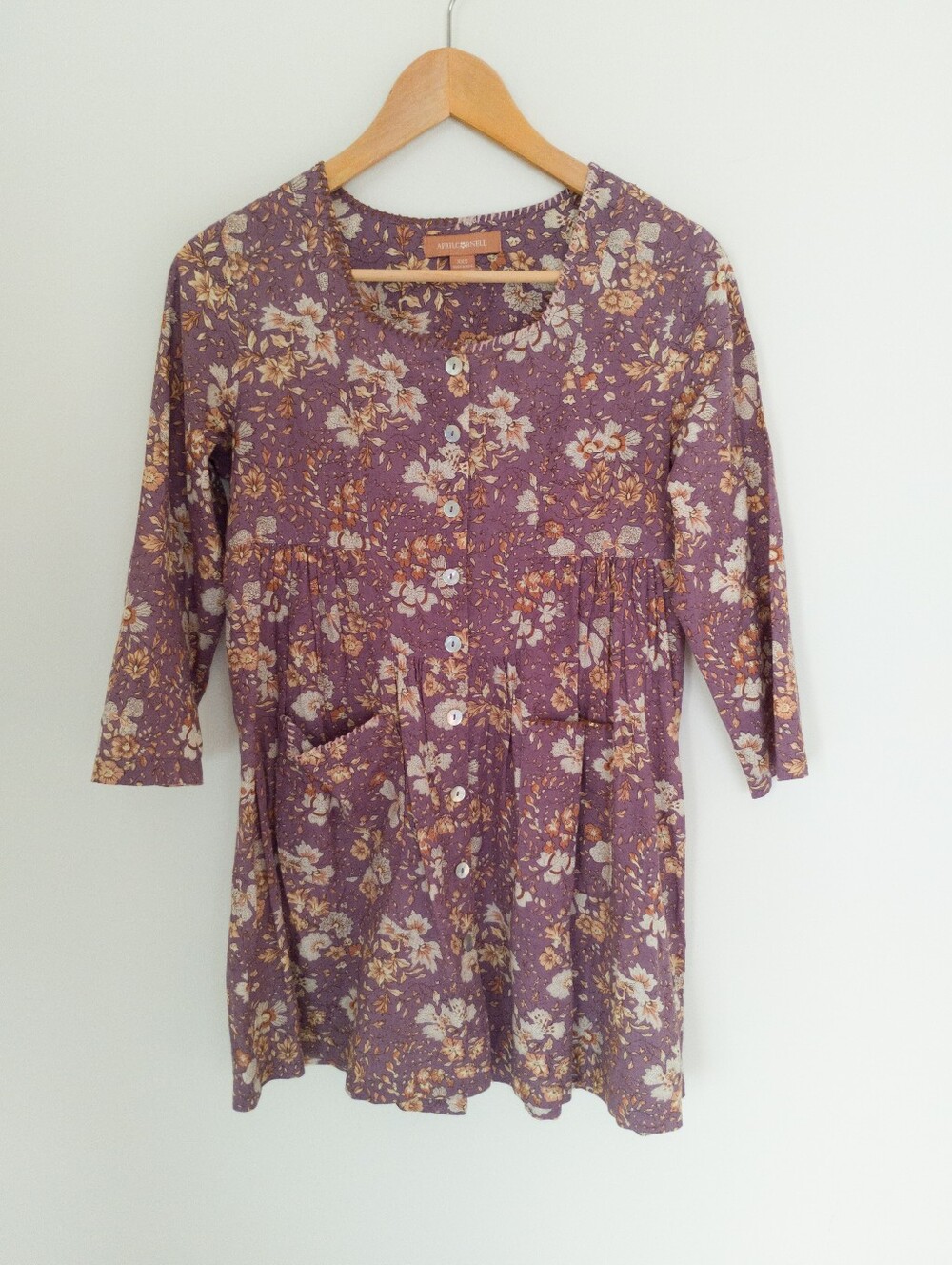 April Cornell Vintage Floral Purple 100% Cotton Button Front Tunic Dress XXS